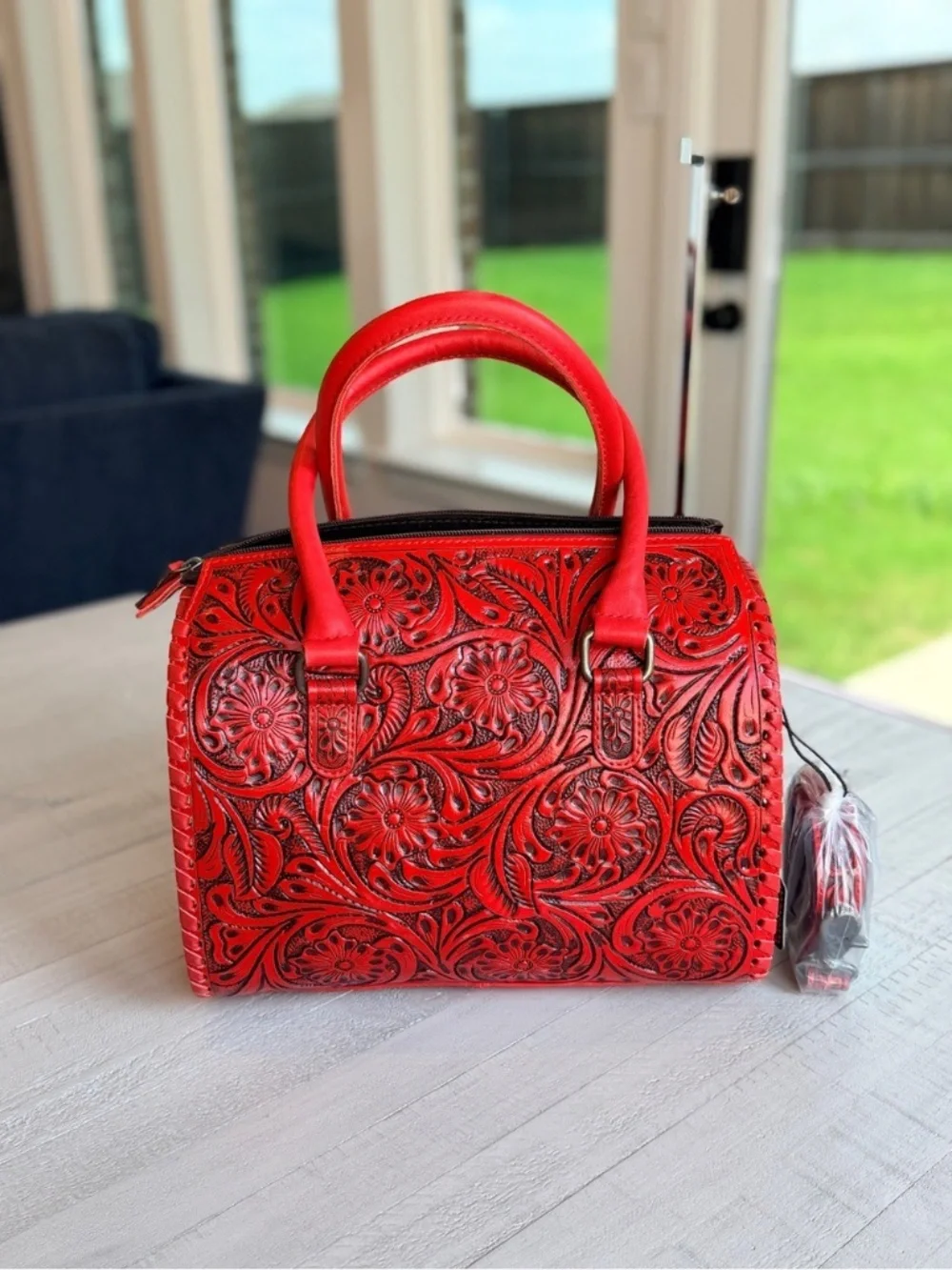 Genuine Leather Cowhide Western SpeedyPurse Tooled Floral Red Satchel Bag Medium